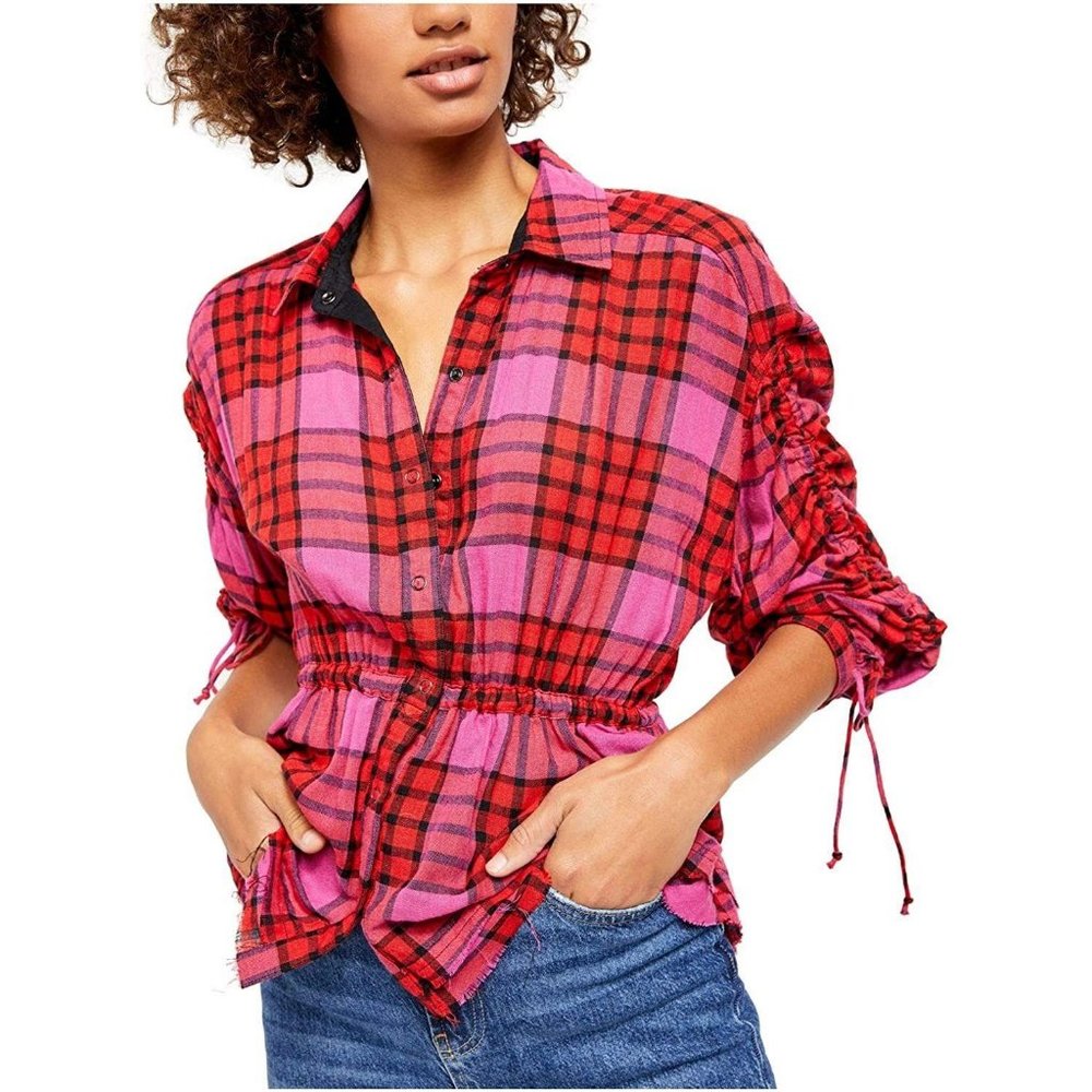 We The Free Red Button Down Shirt with Notched Collar and Ruched Sleeves